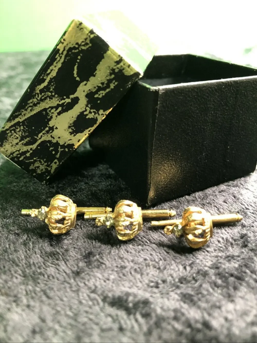 Vintage Mens Gold Tone Royal Crown Rhinestone Cufflinks Cuff Links Gift Spare
